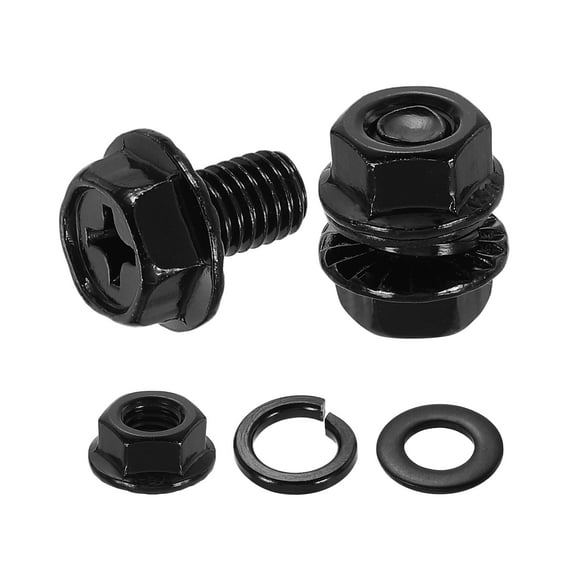 M8 x 12mm 10Pcs Phillips Flanged Hex Bolts with Nuts, Flat & Lock Washers, Black