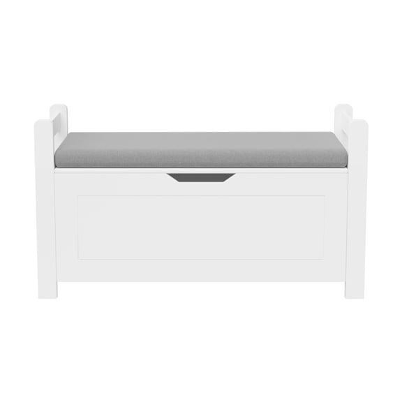 Jujwooo Kids Toy Box Chest, White Rubber Wood Toy Box for Boys Girls, Large Storage Cabinet with Cushion Seat Bench/Flip-Top Lid/Safety Hinge, Toy Storage Organizer Trunk for Nursery, Playroom