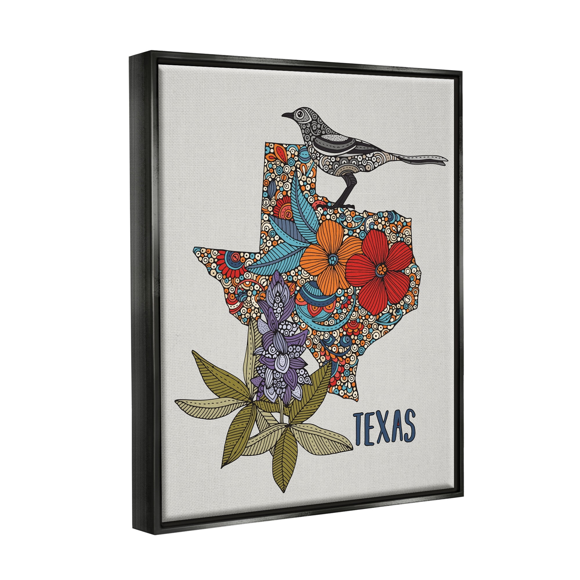 Stupell Industries Texas Bluebonnet State Bird Intricate Floral Pattern Graphic Art Metallic Gold Floating Framed Canvas Print Wall Art, Design by Valentina Harper