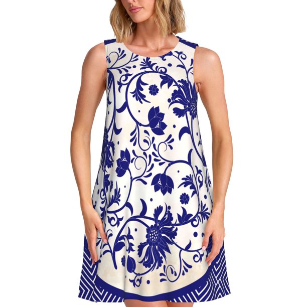 Disketp Blue And White Porcelain Pattern para Vestido sin Mangas para Mujeres, Vestidos de Verano para Mujeres, Casual y Holgado para la Playa