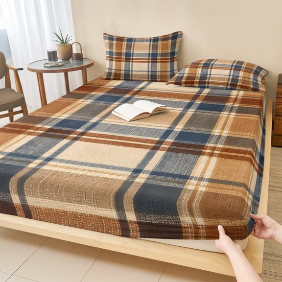 Twin Sze Fitted Sheet Set - Blue Brown Checked 2 Piece Bedding Sets 16" Deep Pocket Fitted Sheet with 1 Pillowcase, Beige Buffalo Plaid Farmhouse Brushed Microfiber Hotel Luxury Bed Sheets