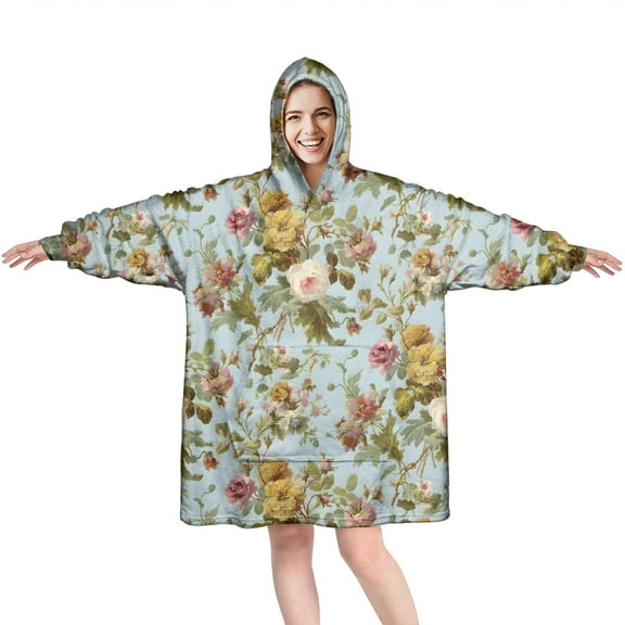 Wearable Oversized Blanket,Pioneer Flower Floral Print Pattern Wearable Blanket Hoodie for Adults,Cozy Hooded Blankets with Super Pockets,Super Warm Fuzzy Pullover for Women & Men
