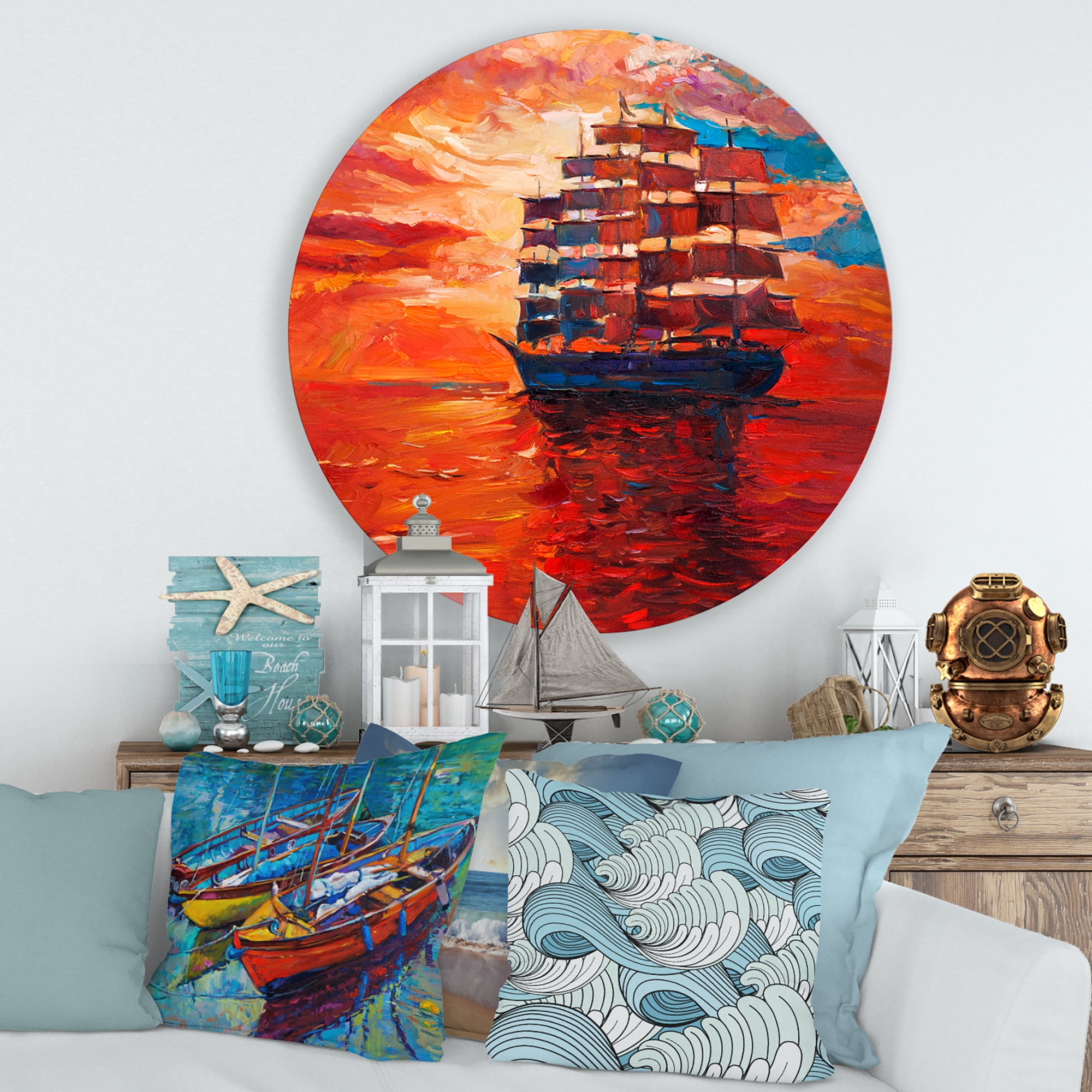 Designart 'Frigat During Red Evening Glow On The Ocean Horizon' Nautical & Coastal Circle Metal Wall Art 36x36 - Disc of 36