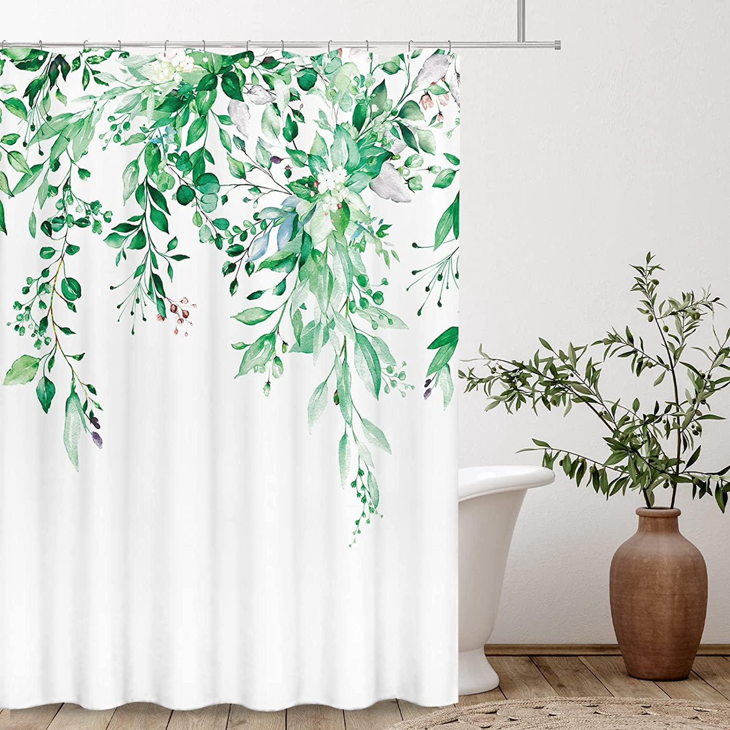 Emerald Green Eucalyptus Shower Curtain Sets, Watercolor Leaves on The Top Plant with Floral Bathroom Decoration 72x84 Inch with Hooks