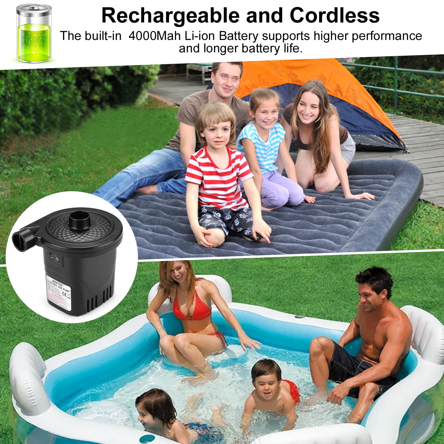 Electric Air Pump Quick-Fill Inflator & Deflator with 3 Nozzles, Lightweight & Portable Rechargeable Air Pump Perfect for Air Beds, Air Mattresses, Pool Toys & Inflatable
