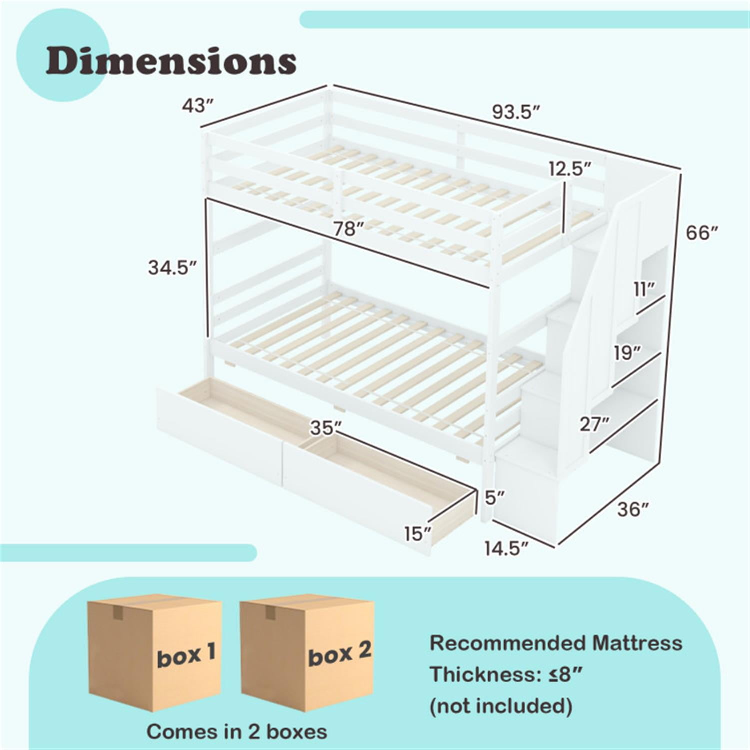 Demi Bonn Twin Over Twin Bunk Bed with Storage Stairs and Drawers, Solid Wood Bunkbeds Frame for Bedroom, No Box Spring Needed, White