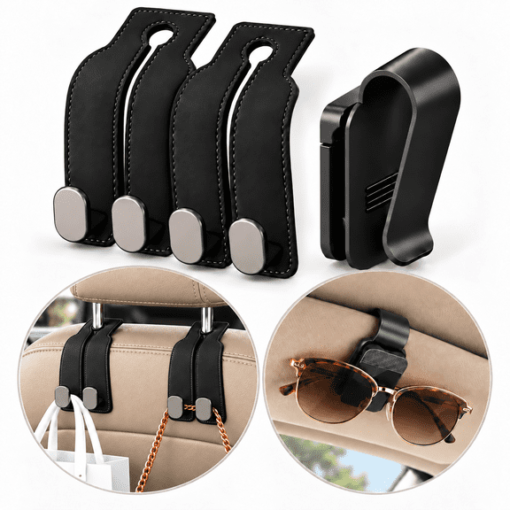 Car Seat Organizer Set, 2 Headrest Hooks and 1 Sunglasses Visor Clip, Purse Bag Holder for Cars, SUVs and Trucks, Black, 3-Piece