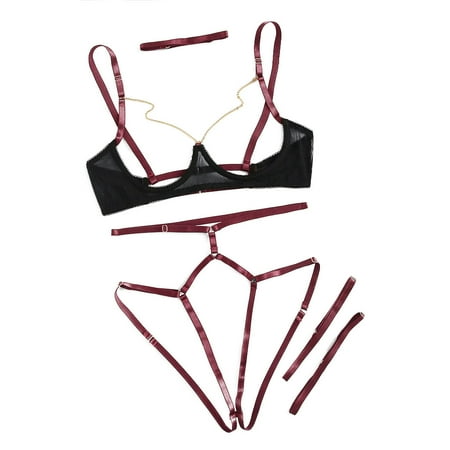 

wendunide underwear women y Exquisite Mesh Lingerie Bra+Garter+Briefs Set Cut-Out Sleepwear M