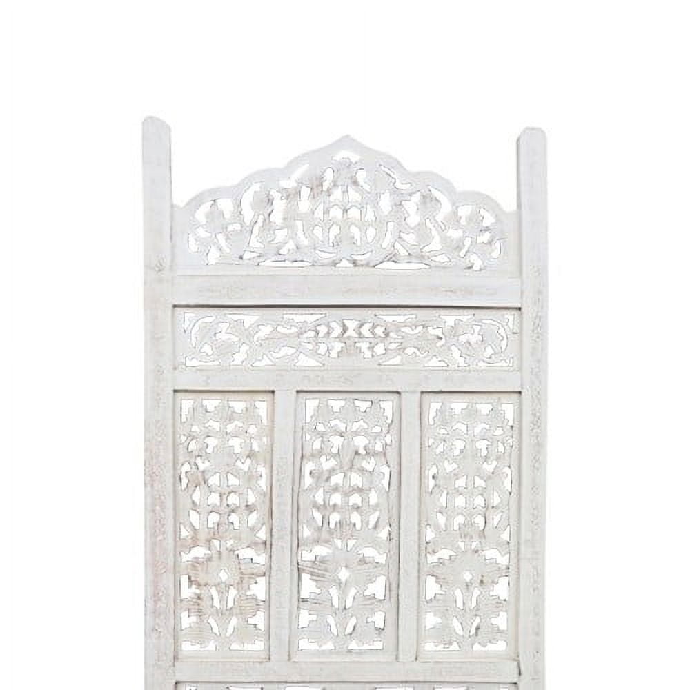 Aesthetically Carved 4 Panel Wooden Partition Screen Room Divider, Distressed White- Saltoro Sherpi