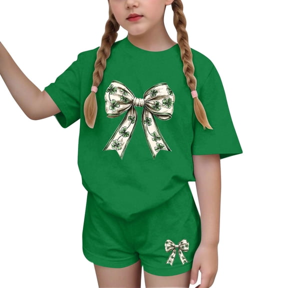 Girls Clothes 10-12 Outfits Under $21 Girls Summer Sets Girls Outfit Sets Children's St. Patrick's Day Printed Short Sleeve Round-Neck Blouses Two-Piece Set for Kids(4-16 Years)