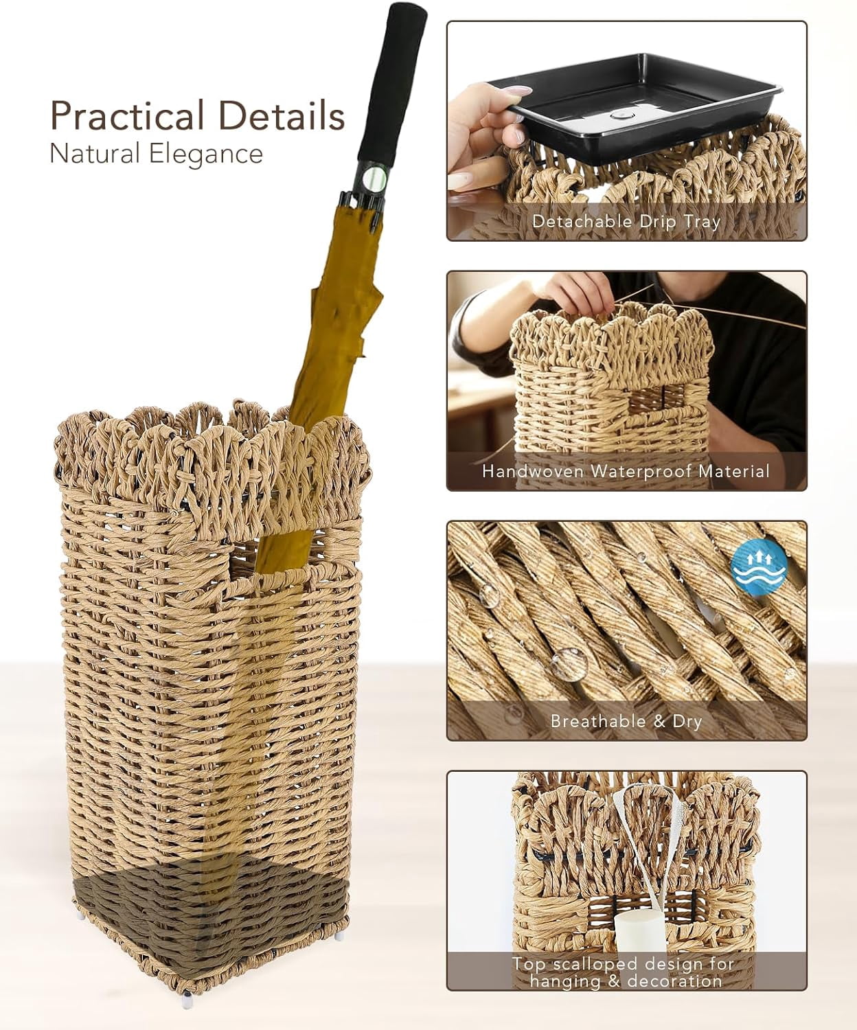 Woven Umbrella Stand for Entryway, PE Rattan Umbrella Holder Basket with Removable Drip Tray, Scalloped Square Cane Stand for Umbrellas, Walking Sticks, Wrapping Paper, Farmhouse Porch Decor