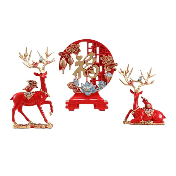 Estatuas de ciervos Pareja Figuras de renos Decorativas Sentadas De pie Ciervos nórdicos rojo