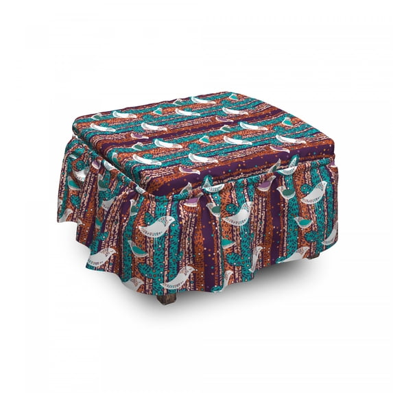 Birds Ottoman Cover, Colorful Branches Stripes, 2 Piece Slipcover Set with Ruffle Skirt for Square Round Cube Footstool Decorative Home Accent, Standard Size, Plum Turquoise and Salmon, by Ambesonne