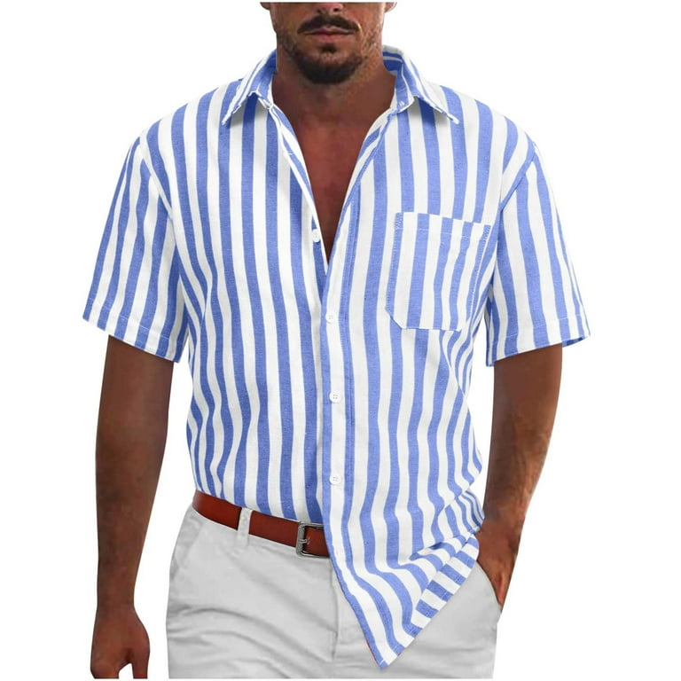 YYDGH Mens Striped Button Down Dress Shirts Short Sleeve Summer Hawaiian  Beach Shirts with Pocket Blue XL