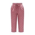 thumbnail image 3 of Gingham Capris for Women Petite Linen Cropped Pant Lightweight Dressy Casual Wide Leg Elastic Waist Summer Pull on Ladies Palazzo Capri Trouser with Pockets Red 3XL, 3 of 6