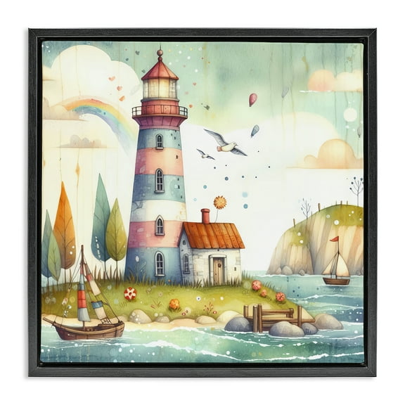 Stupell Industries Lighthouse Cottage Scenery Nautical & Beach Painting Black Floater Framed Canvas Art Print Wall Art, 18 x 18