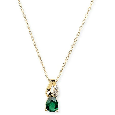 Simply Gold Gemstone 10kt Yellow Gold 7X5MM Pear Shape Created Emerald Pendant with Diamond Accents, 18
