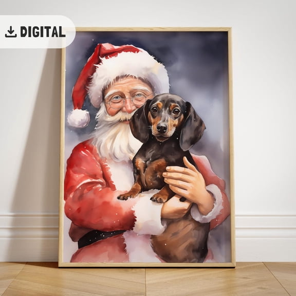 Santa Claus Dachshund Art Poster: Doxie Dog, Cottagecore Wall Decor, Unframed Poster Size 8x12