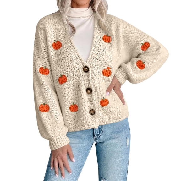LEKODE Women Pumpkin Embroidery V Neck Button Down Bubble Long Sleeve Cropped Relaxed Fit Knit Cardigan Casual Fall Holiday Layering Outerwear Beige L