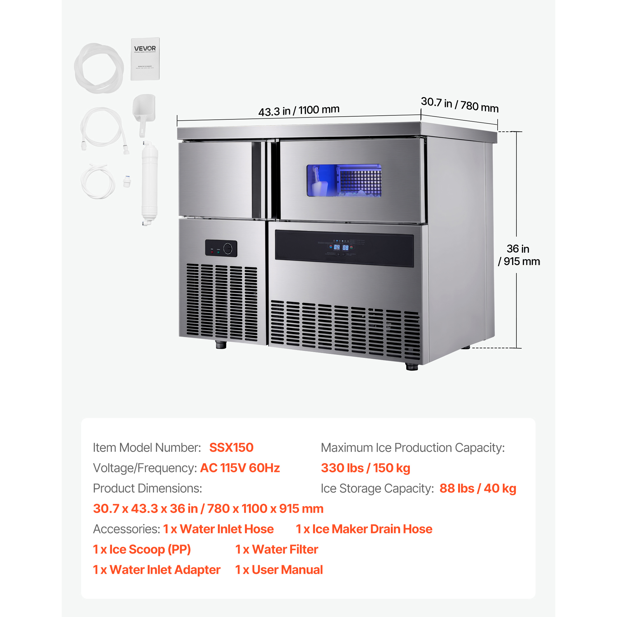 KFFKFF Commercial Ice Maker Machine, 330 lbs/24H Stainless Steel Ice Machine with Countertop, 88 lbs Storage & 144 Cubes per Cycle, Self-Cleaning Freestanding Ice Maker for Home, Bar, Office