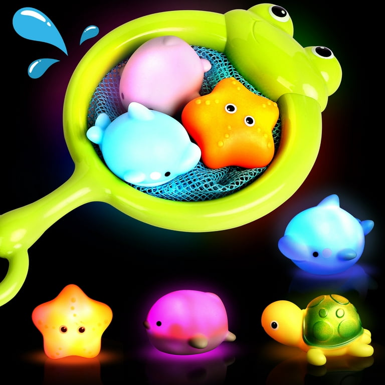 Beefunni Bath Toys,4 Pcs Light Up Floating Rubber Animal Toys Set with Fishing Net, Bathtub Tub Toy for Toddlers Baby Kids Infant Girls Boys