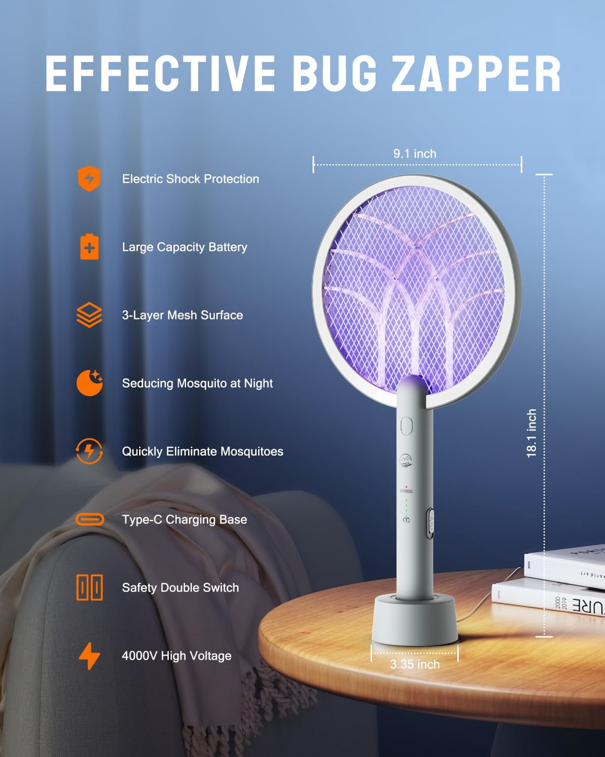 Esemoil Electric Fly Swatter Racket, 2 in 1 Smart Bug Zapper with USB Rechargeable Base, Powerful Mosquitoes Trap Lamp & Fly Killer with 3-Layer Safety Mesh for Home, Bedroom, Kitchen, Patio（1 Pack）