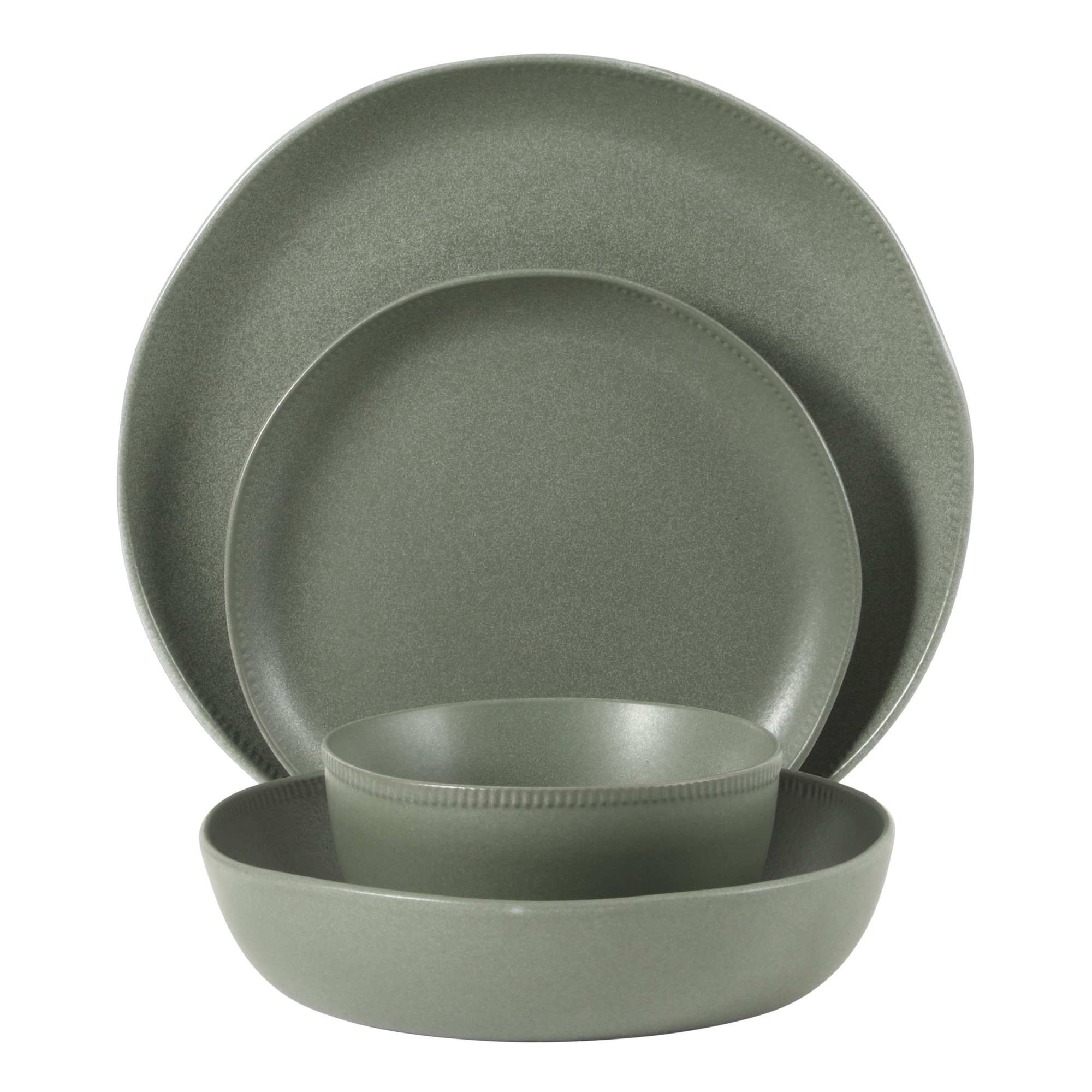 Gibson Elite Menlo Park 16-Piece Pottery Clay Stoneware Dinnerware Set – Green Reactive Glaze, Organic Shape Embossed Plates and Bowls W/ Pasta Bowl, Service for 4 – Microwave & Dishwasher Safe