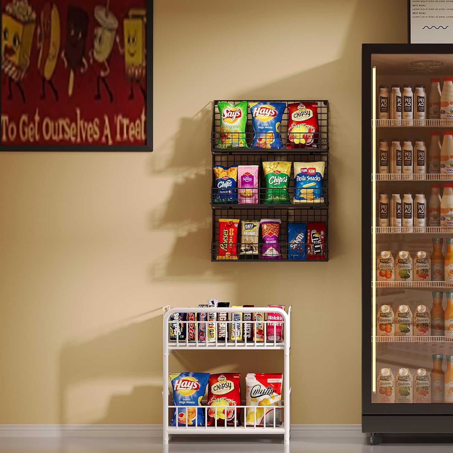 3 Tier Stackable Snack Organizer with Dividers - Wall Mounted Wire Storage Basket for Pantry Office Home