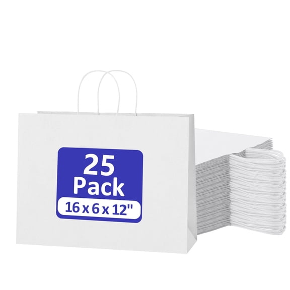 BagDream 25 Pack Large Paper Gift Bags with Handles, 16x6x12" Recycled White Kraft Paper Bags for Business, Merchandise, Shopping, Retail Stores