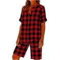 thumbnail image 2 of Oksale Matching Sets Women Clothing 2 Piece Short Sleeve Plaid Shirts Elastic Drawstring Bermuda Shorts Trendy Button V Neck Summer Tops Red 2XL, 2 of 8