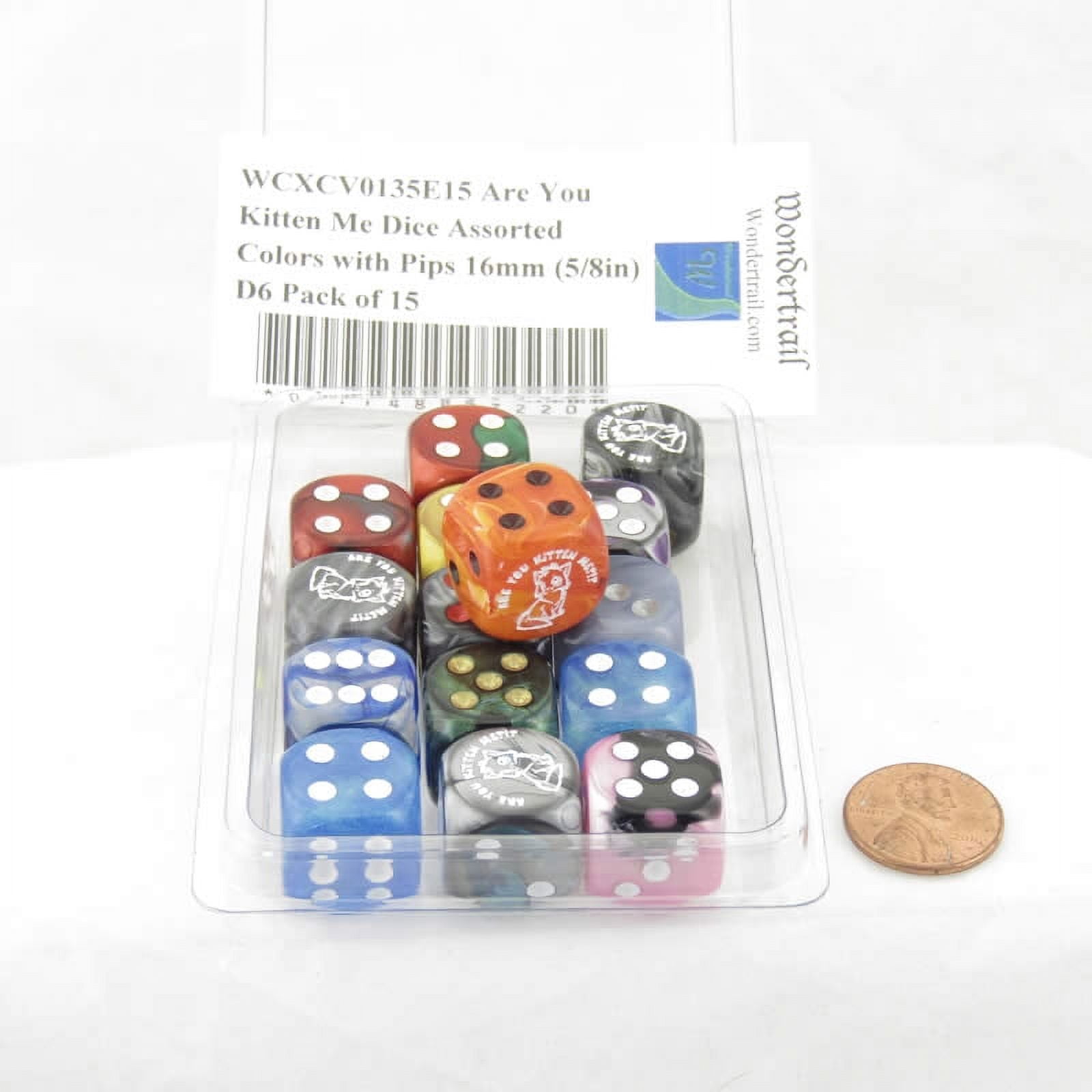Are You Kitten Me Dice Assorted Colors with Pips 16mm (5/8in) D6 Pack of 15 Wondertrail