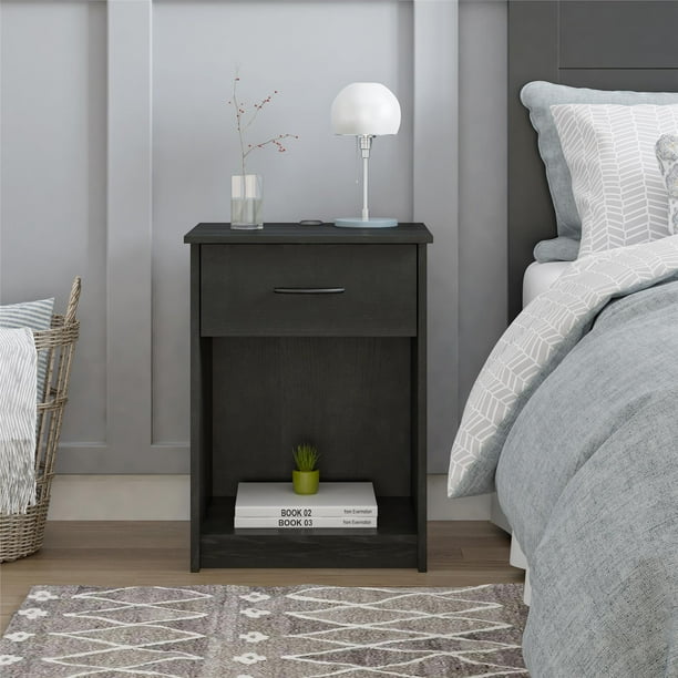 Mainstays 1 Drawer Nightstand with USB Power, True Black Oak Walmart