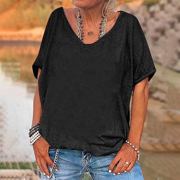 Cagogo Womens Summer Tops Tshirts Shirts Under $10 Loose Fitting Short Sleeve T-Shirts Solid Color V Neck Business Work Tunic Tops Graduation Gifts for Her