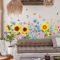 Flowers Vine Stickers, Sunflowers Daisy Wall Decals for Living Room, Butterfly Decor Posters, Colorful Floral Chrysanthemum Murals Decorations for Bedroom Office