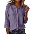 thumbnail image 2 of Only Moment Womens Tops 3/4 Sleeve V Neck Linen Dressy Casual Trendy Tee Spring Fall Summer Fashion Work Clothes Light Violet,L, 2 of 7
