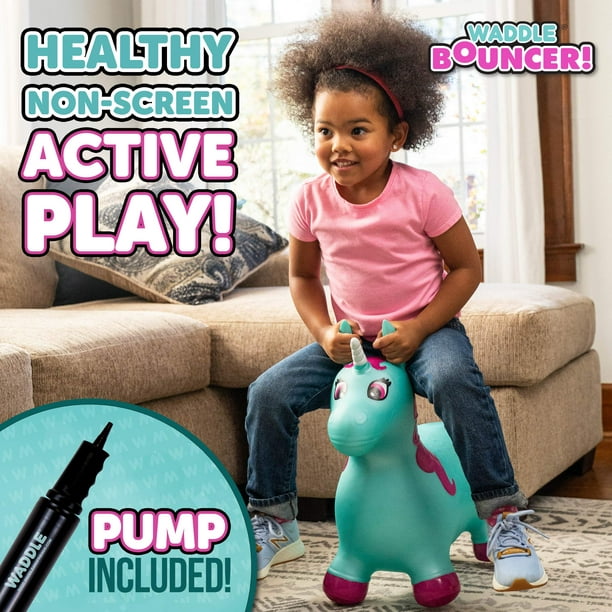 WADDLE Bouncy Hopper Inflatable Hopping Animal, Indoors and Outdoors Toy  for Toddlers and Kids, Pump Included, Boys and Girls Ages 2 Years and U  (Aqua