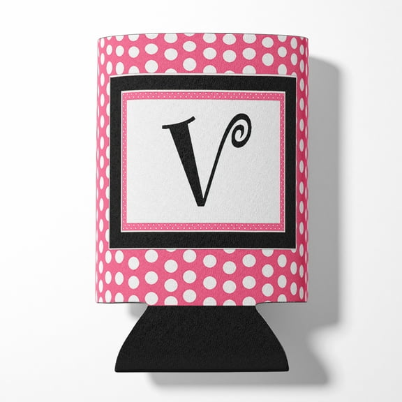Letter V Monogram - Pink Black Polka Dots Can or Bottle Hugger