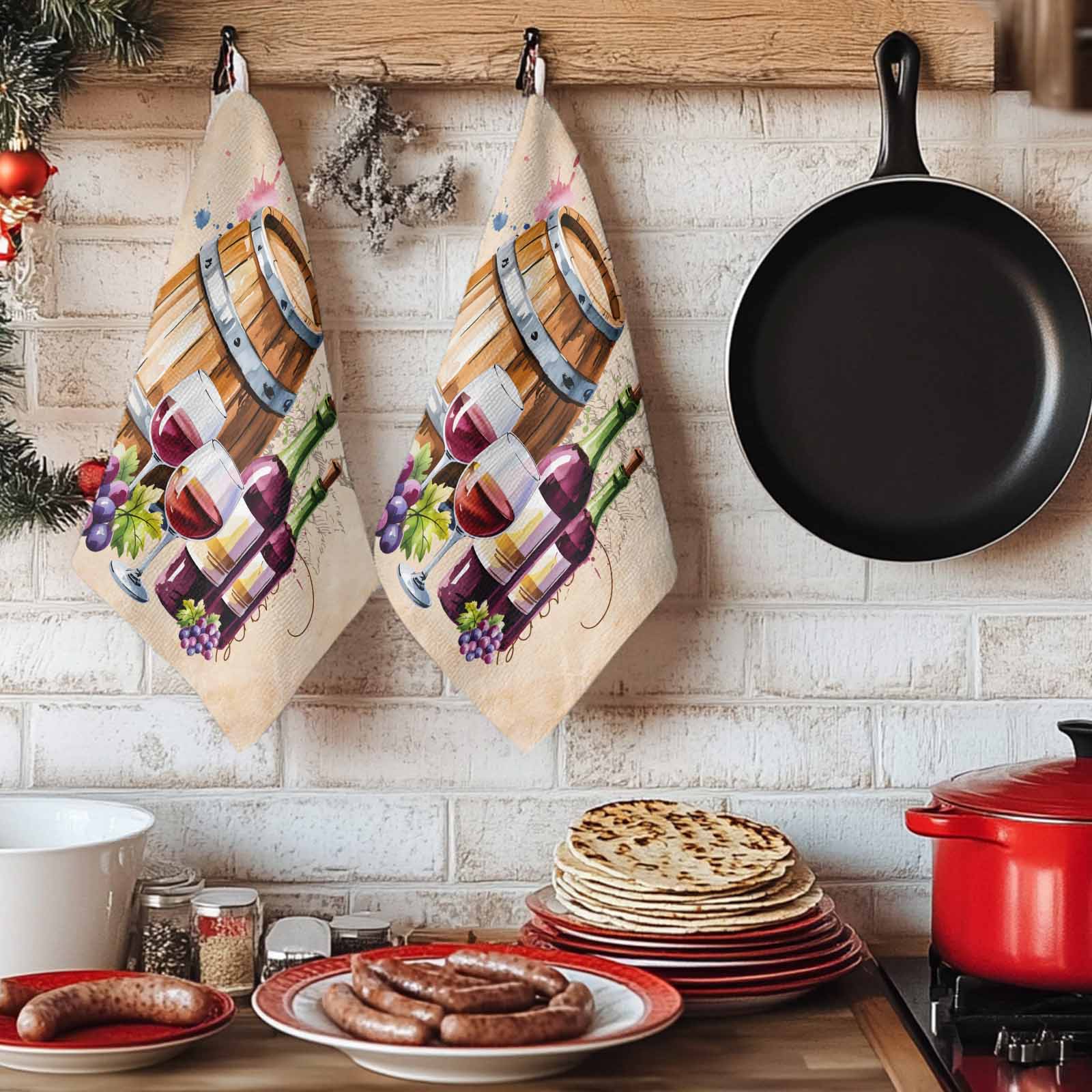 Dish Towels, Wine Cask Absorbent Kitchen Towels 2 PCS, Retro Farmhouse Grape Microfiber Hand Towels Dish Cloths Tea Towels for Home&nbsp;Bathroom Cleaning Drying,18X28-Inch,