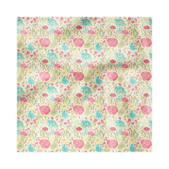 Floral Decorative Satin Napkins Set of 4, Hand-Drawn Doodle Pattern with Freshly Blooming Sprouts of Roses and Spring Flowers, Square Fabric Party & Dinner Napkin, 12", Multicolor, by Ambesonne