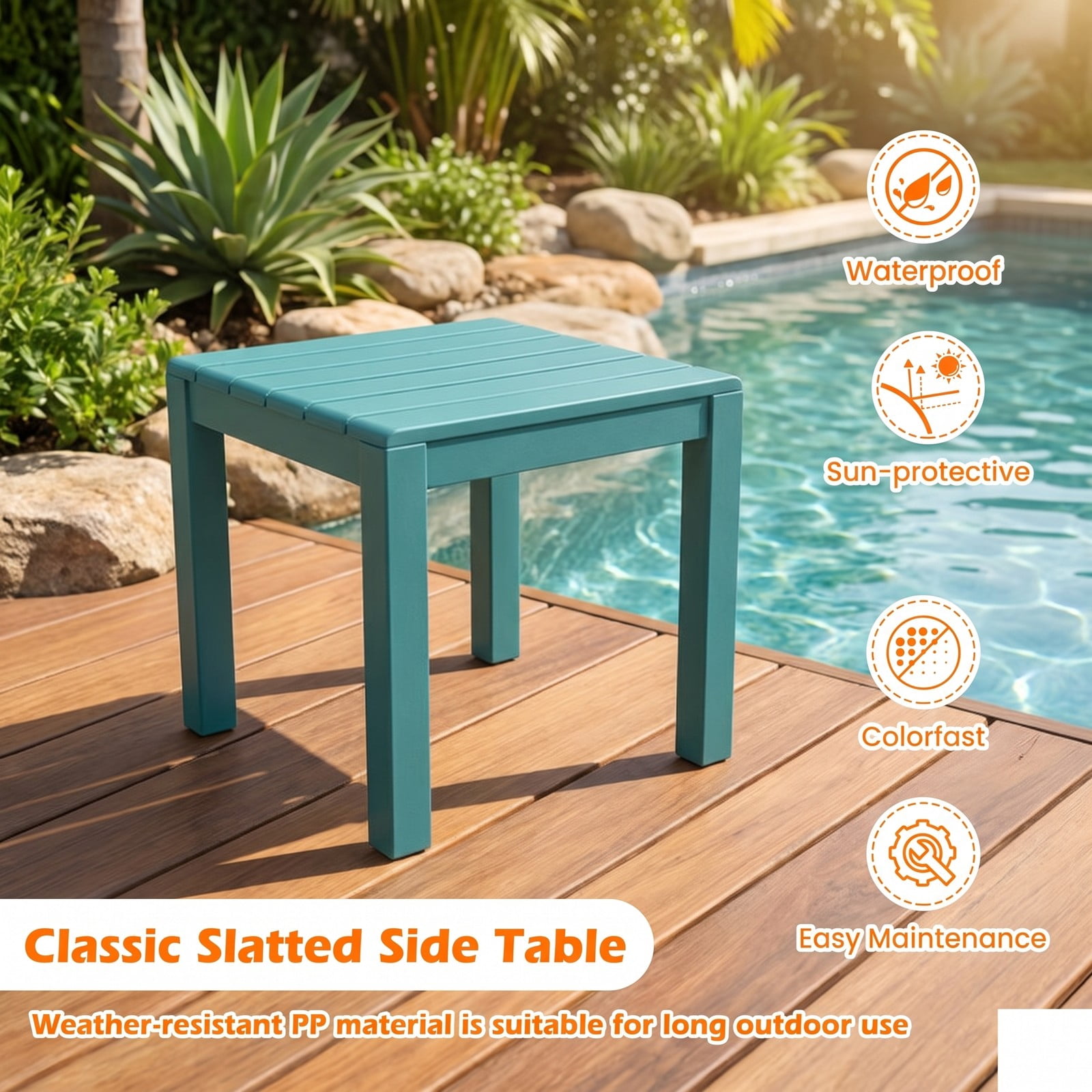 Furnibear Set of 2 Weather Resistant Slatted PP Outdoor Adirondack Side Tables for the Patio Deck Porch and Poolside, Blue