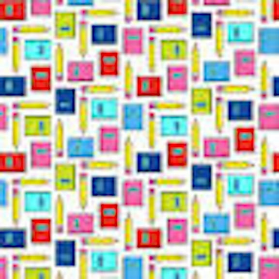 Studio E It's Elementary Notebooks & Pencils White Cotton Fabric By The Yard