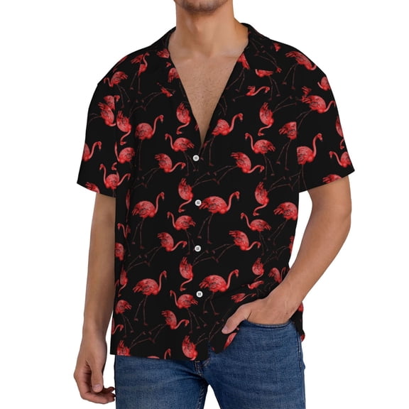 Hirioo Flamingo for Men's Cuban Collar Short Sleeve Shirt Button Down Shirt Beach Summer Shirts Wedding Vacation Shirts-4X-Large