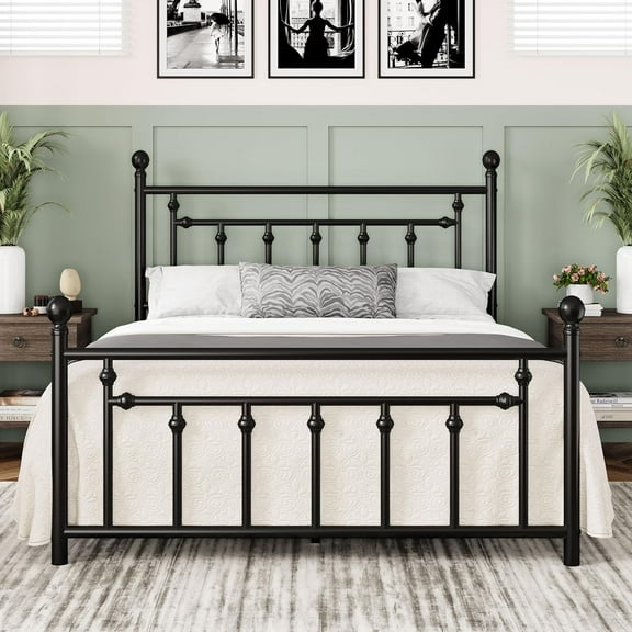 14 Inch Queen Size Metal Platform Bed Frame with Victorian Vintage Headboard and Footboard/Mattress Foundation/Under Bed Storage/No Box Spring Needed/Easy Assembly/Noise Free