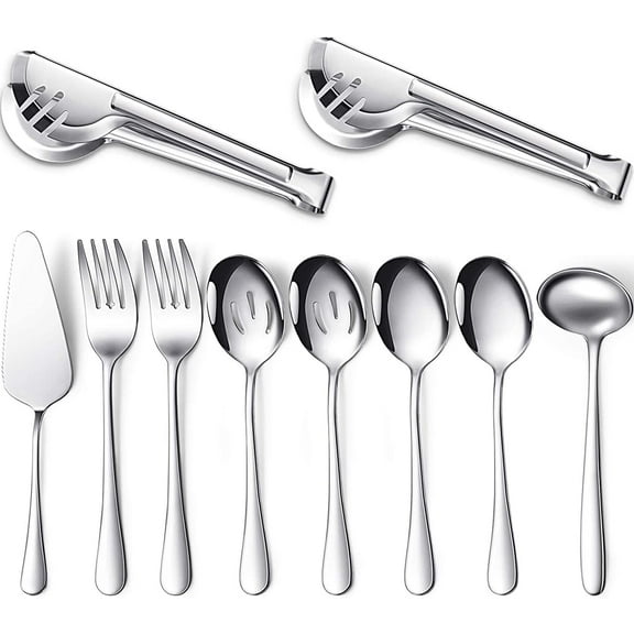 10 Pieces of Stainless Steel Flatware, Silverware, Dishwasher Safe - Includes Spoons, Forks, Tongs, Spoons and Pie Holders