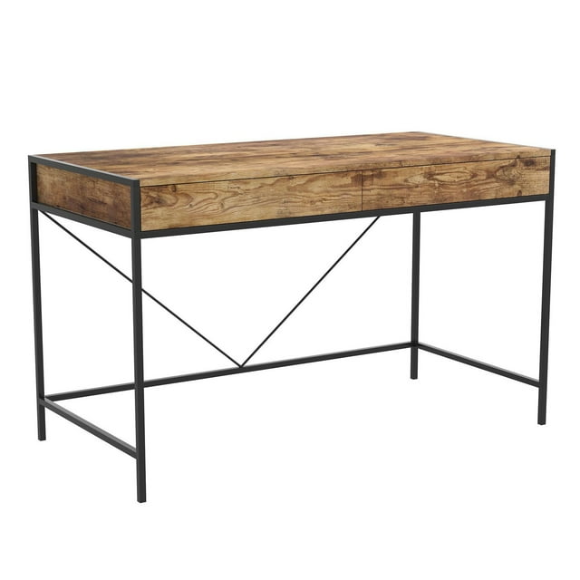 Safdie & Co. Bureau 49L Bois Brun Récupéré 2 Tirroirs Métal Noir