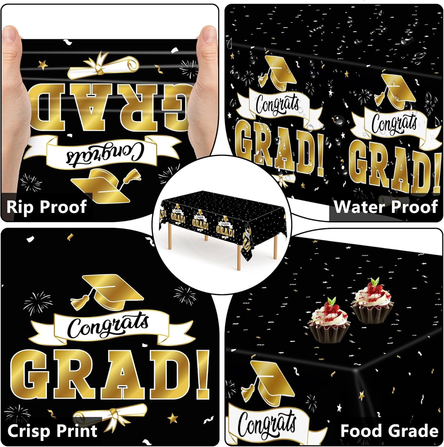 2Pack Graduation Decorations 2026, 108" X 54" Graduation Tablecloth, Blackgold Rectangle Class of 2026 Table Cloths, Disposable Plastic Congrats Grad Tablecover for Grad Party Favors Supplies