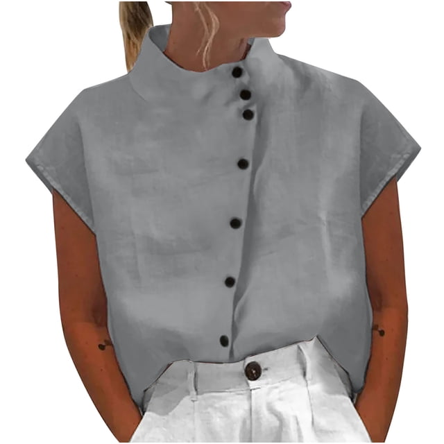 Birdeem Chemise Décontractée d'Été pour Femme, Ample, à Boutons, en Coton et Lin, Col Montant