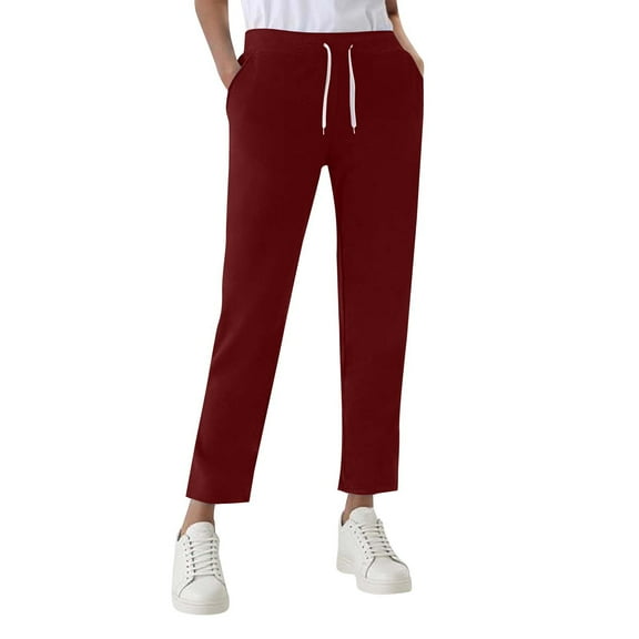 Avrnliq Womens Red Casual Drawstring Pants, 7/8 Straight Leg Elastic Waist Lightweight Breathable Polyester Relaxed Fit Everyday Pants with Side Pockets, S-XXXXL,Size 2XL