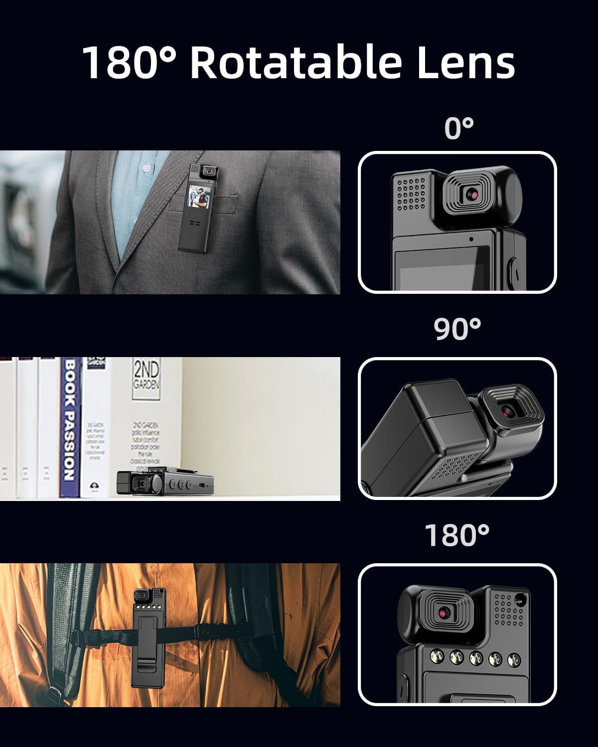 Mini Body Camera 1080P Portable Small Body Worn Cam Wearable Pocket Video Recorder with 180° Rotatable Lens, 1.3" LCD, Night Vision for Security Guard, Law Enforcement, Built-in 64G Memory Card