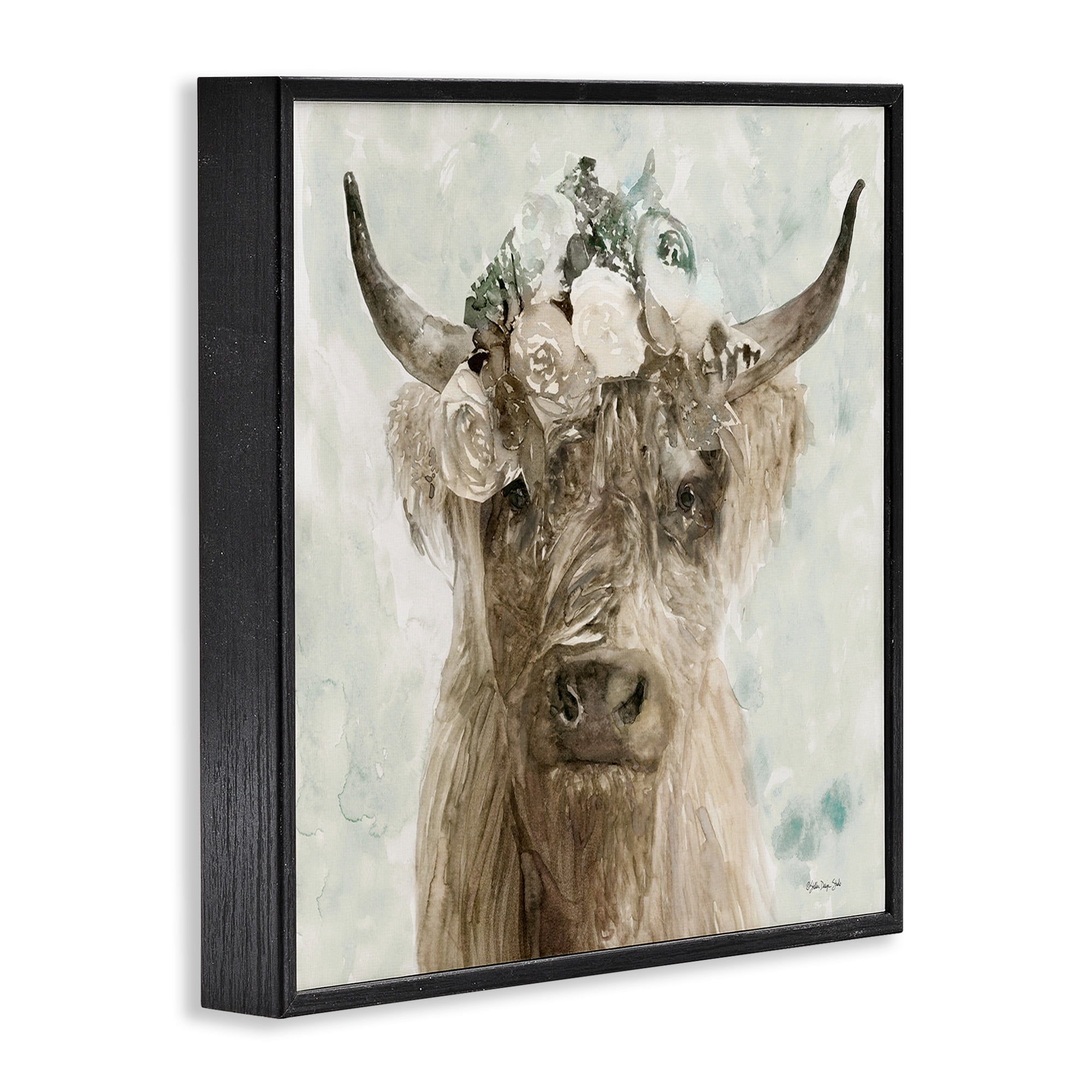 Stupell Industries Delicate Soft Buffalo with Floral Crown Watercolor Framed Wall Art Design by Stellar Design Studio, 12" x 12", Black Framed